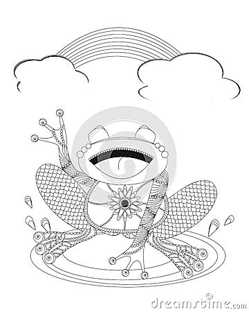 Antistress adult coloring book frog and clouds with rainbow. Vector illustration for coloring page. Sketch for tattoo. Vector Illustration