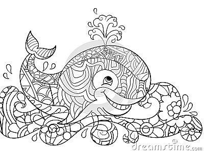 Antistress coloring whale on the waves. Scribbles, black lines, pattern, white background. Big fish in water vector Vector Illustration