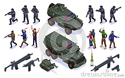 Antiterror Special Police Forces and Terrorists Set isometric icons on isolated background Vector Illustration