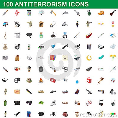 100 antiterrorism icons set, cartoon style Vector Illustration
