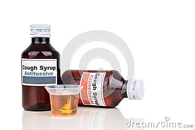 Antitussive and expectorant cough mixture is prescribed as medication for dry cough and chesty cough respectively Stock Photo