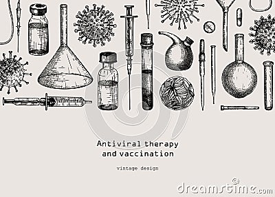 Antiviral therapy and vaccination backgroundt. Hand drawn vector illustrations. Vaccine in bottles, laboratory equipment, Vector Illustration