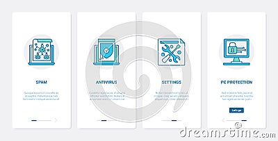 Antivirus computer protection, cybersecurity UX, UI onboarding mobile app page screen set Vector Illustration