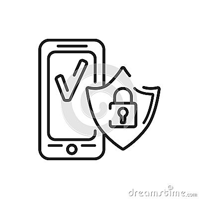Antivirus mobile application in smartphone black line icon. Pictogram for web page, mobile app, promo. UI UX GUI design element. Stock Photo