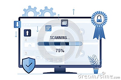 Antivirus scanning network and software, searching viruses and trojans. Protection of data, passwords and apps. Firewall guard Vector Illustration