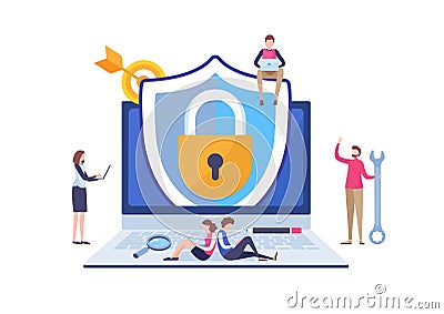 Antivirus security protection application. Programmer`s working data network. Flat cartoon miniature illustration vector. Cartoon Illustration