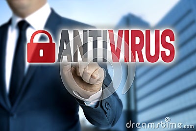 Antivirus touchscreen is operated by businessman Stock Photo
