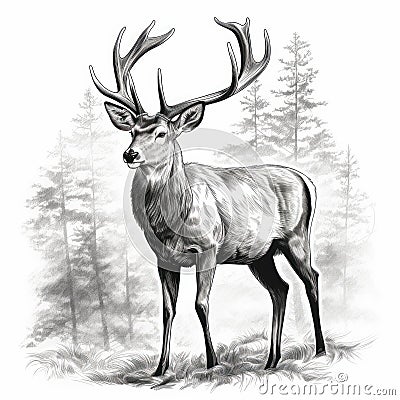 Antlered Deer North America in the forest Illustration black and white Cartoon Illustration