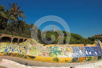 Antoni Gaudi hause and ceramic bench in Park Guell Stock Photo