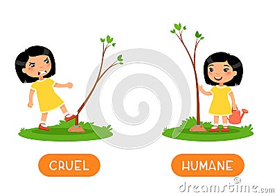 Antonyms concept GOOD and BAD. Kids flash card with opposites vector template. Word card for english learning with little boy Vector Illustration