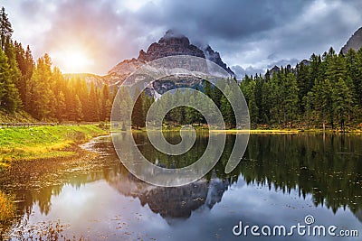 Antorno lake with famous Tre Cime di Lavaredo (Drei Zinnen) mount. Dolomite Alps, Province of Belluno, Italy, Europe. Beauty of n Stock Photo