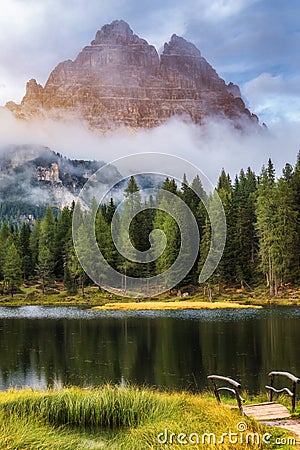 Antorno lake with famous Tre Cime di Lavaredo (Drei Zinnen) mount Stock Photo