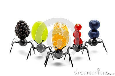 Ants carrying fruits, concept conveyance, vision of robotic industry Stock Photo