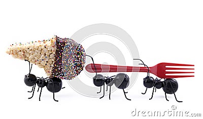 Ants Carrying Ice Cream Cone, Concept Stock Photo