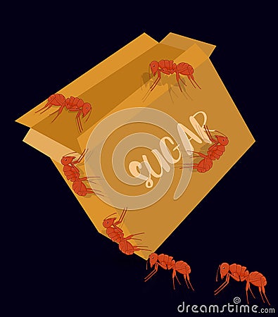 Ants Carrying Sugar from Packet Vector Illustration