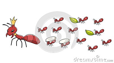 Ants, forest insects. Family of wild animals. Cartoon working ants with queen. Hand drawn vector illustration Vector Illustration