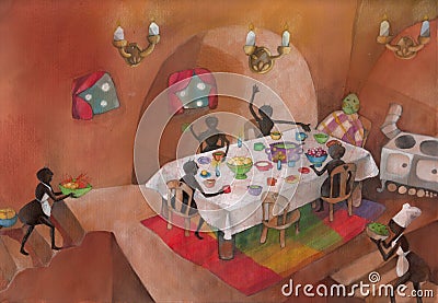 Ants having dinner party with sick cricket in an anthill Cartoon Illustration