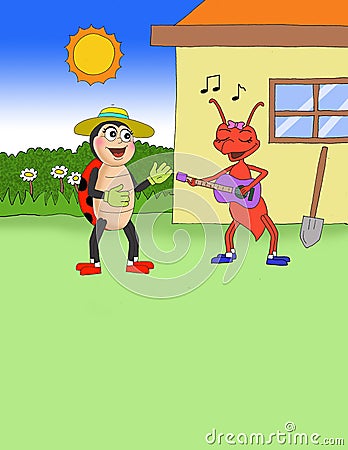 ants and lady bugs singing in the garden illustration Cartoon Illustration