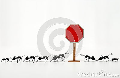 Ants march towards red octagonal stop sign. Image portrays concept of controlling pests. Clear boundary between ants, sign Stock Photo