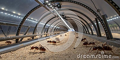 Ants navigate a large, enclosed habitat designed for observation and study of insect behavior in a controlled environment Stock Photo