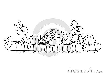 Ants Riding Millipede Vector Cartoon Colorless Vector Illustration