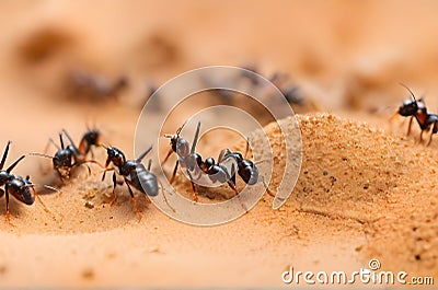 Ants working together on sand, closeup, macro view Stock Photo