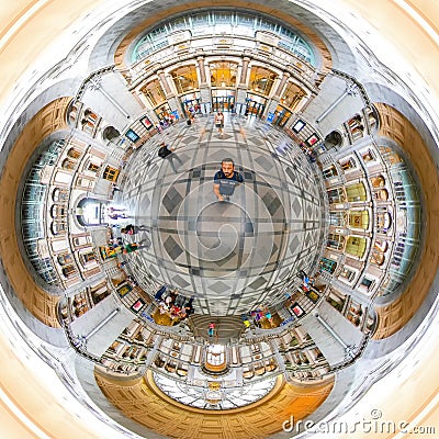 Distorted panorama of main train station. Funny fisheye point of view Editorial Stock Photo