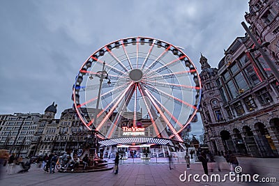 Antwerp, Belgium, January 25th, 2024, The View, Ferris Wheel in Antwerp's Evening Cityscape Editorial Stock Photo