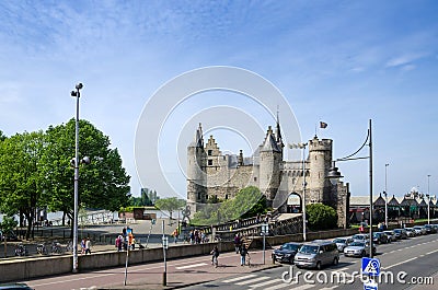 Antwerp, Belgium - May 11, 2015: People visit Steen Castle (Het steen) Editorial Stock Photo