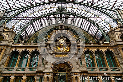ANTWERP, BELGIUM - October 2, 2019: Interior of the monumental Central Railway Station in Antwerp Centraal Station Antwerpen, Editorial Stock Photo