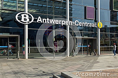 Antwerp Central Station, station sign above the glass entrance. Editorial Stock Photo