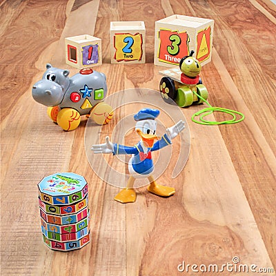 Vintage toys with animated character Donald Duck. Editorial Stock Photo