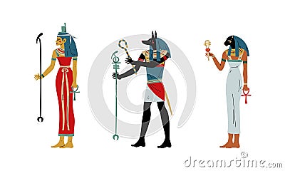 Anubis, Isis and Bastet as Ancient Egyptian Goddess and Deity Vector Set Vector Illustration