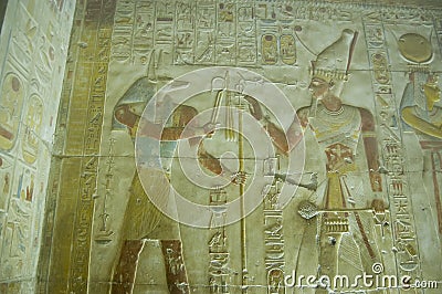 Anubis and Seti wall carving Stock Photo