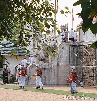 Anuradhapura, Sri Lanka - 03 31 2021: Jaya Sri Maha Bodhi morning site, drummers gathering before morning rituals Editorial Stock Photo