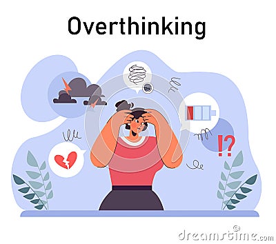 Anxiety. Character mental health issues. Woman coping with psychological Vector Illustration