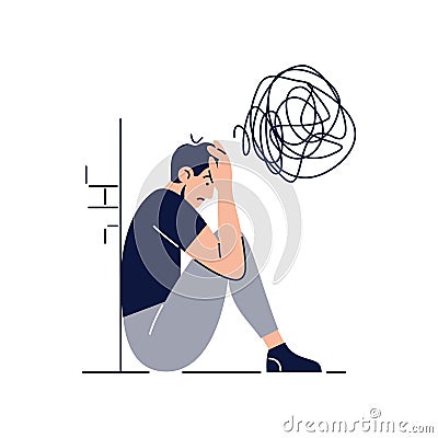 Anxiety concept. Frustrated stressed man with nervous problem feels anxiety, closing face. Mental disorders Vector Illustration