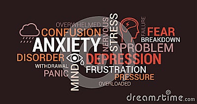 Anxiety, mental disorders and depression tag cloud Vector Illustration