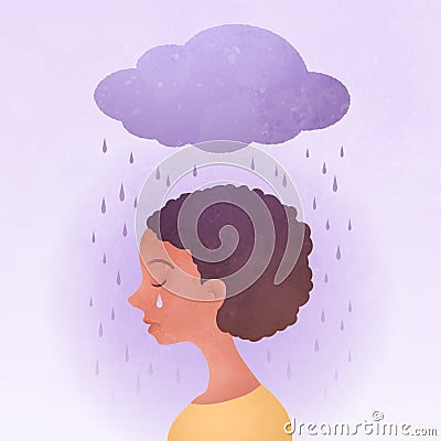 Anxiety, Obsessive compulsive, ADHD, and Mental disorders concept. Closeup sad young woman with a rainy cloud above the head Vector Illustration