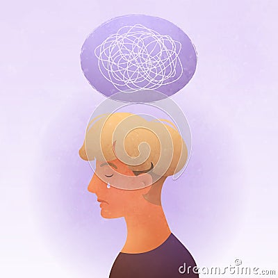 Anxiety, Obsessive compulsive, Mental disorders concept. Closeup sad young man with a nervous breakdown thoughts above the head Vector Illustration