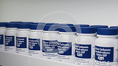 Anxiety Prescription Drug Lithium Carbonate Tablets on Pharmacy Shelf 3d Render Stock Photo