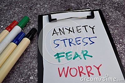 Anxiety, Stress, Fear, Worry write on sticky notes isolated on Office Desk Stock Photo