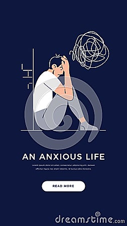 Anxiety, stress, mental illnesses banner. Young man with nervous problem feels anxiety, closing face. Mental disorder Vector Illustration
