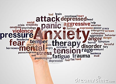 Anxiety word cloud and hand with marker concept Stock Photo