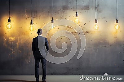 Anxious businessman, back turned, contemplates near lamp against concrete wall Stock Photo