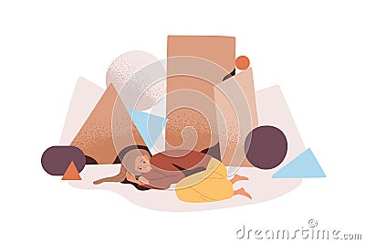 Anxious depressed person with fear of life troubles. Depression and anxiety, psychological concept. Unhappy sad woman Vector Illustration