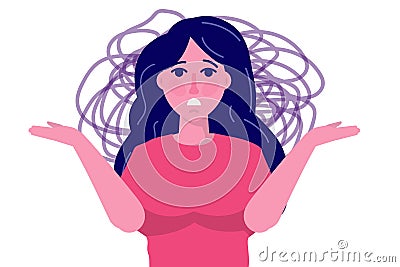 Anxious, Depression woman . Mental health, Anxiety, self-deception concept. Vector Illustration