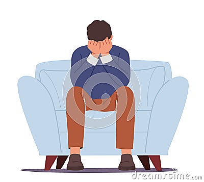 Anxious Man Sitting on Sofa Cover Face with Hands, Crying, Feel Frustrated. Depressed Businessman Suffer of Depression Vector Illustration