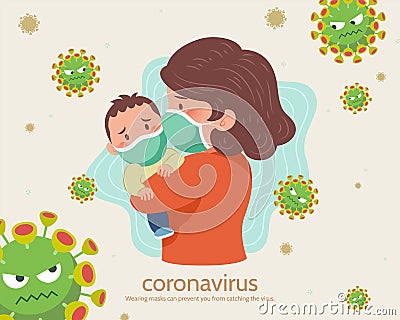 Anxious mom and baby in face mask Vector Illustration