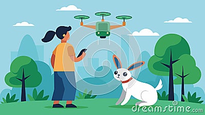An anxious owner gazed at the screen of a pet finder drone hoping to catch a glimpse of their lost pet rabbit in the Vector Illustration